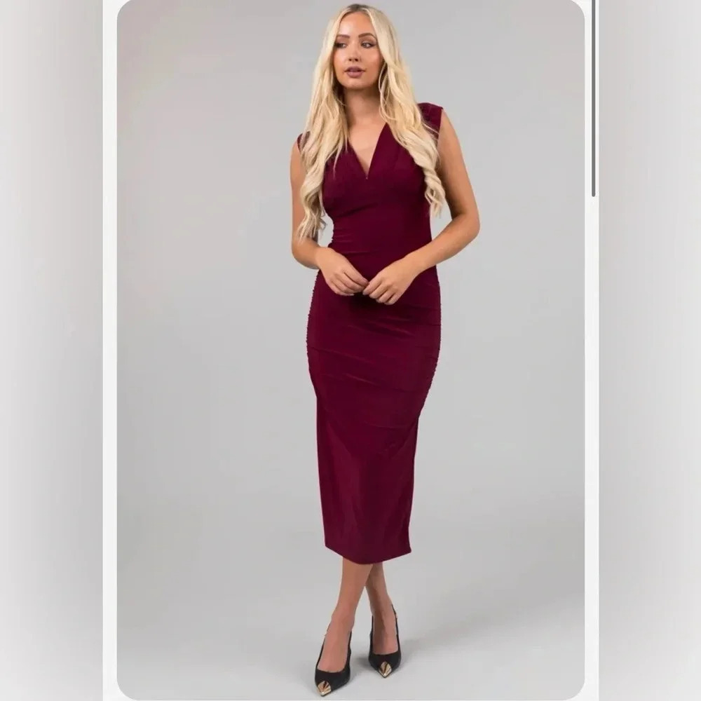 Timing Dark Boysenberry Bodycon Midi Dress - Size Medium - NWT - Deep V Neck